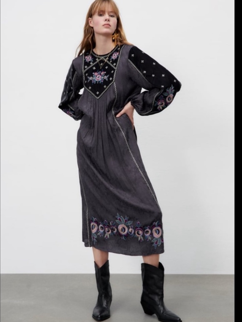 ZARA Embroidered Puff-Sleeve Midi Dress - Black with Floral Detail